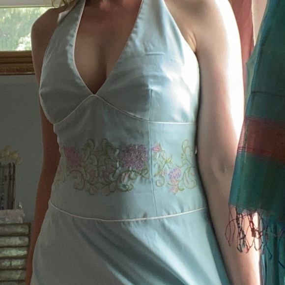 Blue and White Stripe with Embroidery Halter Dress - Picture 4 of 10